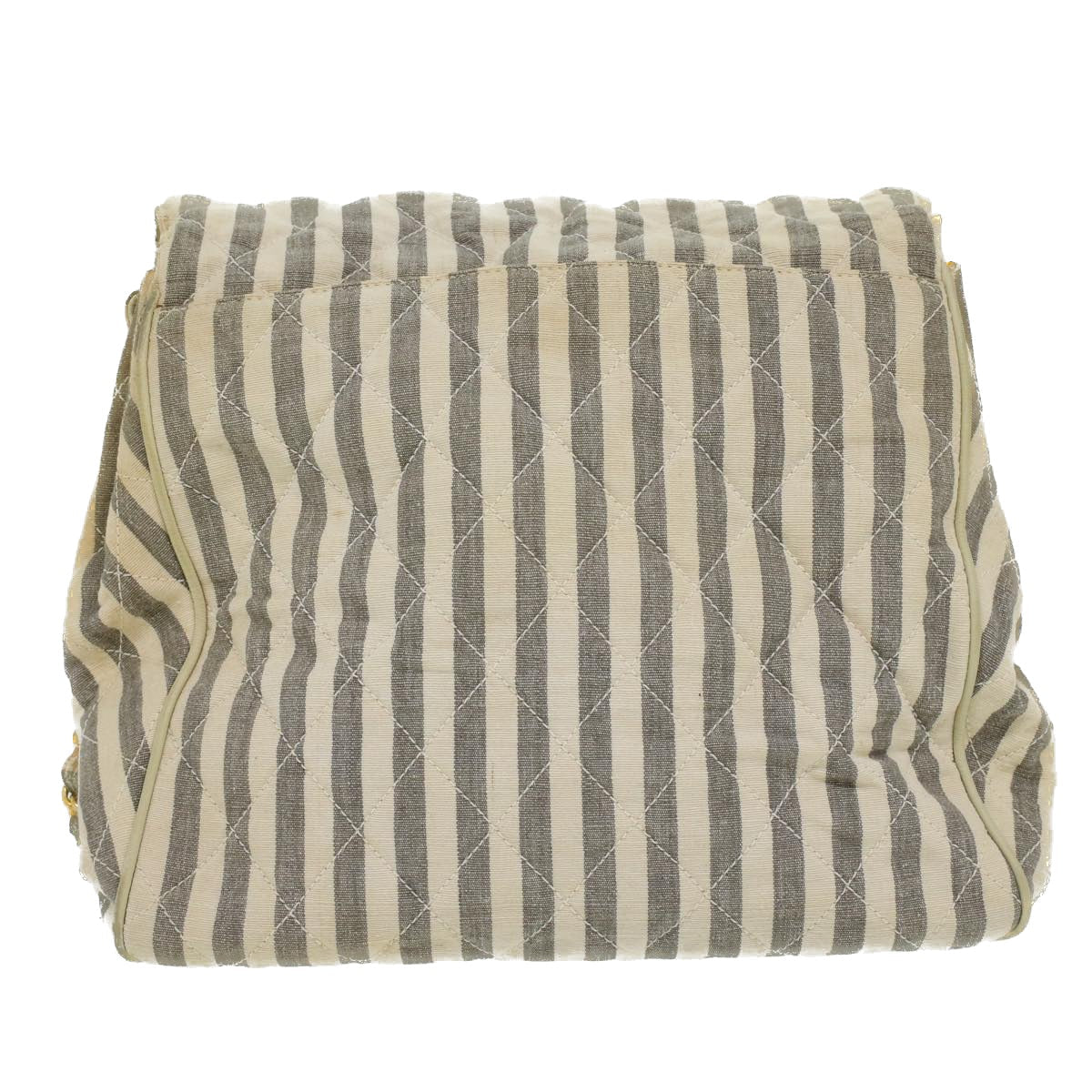 CHANEL Striped Matelasse Chain Shoulder Bag Canvas White Gray CC Auth bs3642