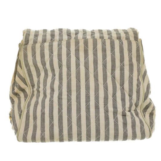 CHANEL Striped Matelasse Chain Shoulder Bag Canvas White Gray CC Auth bs3642