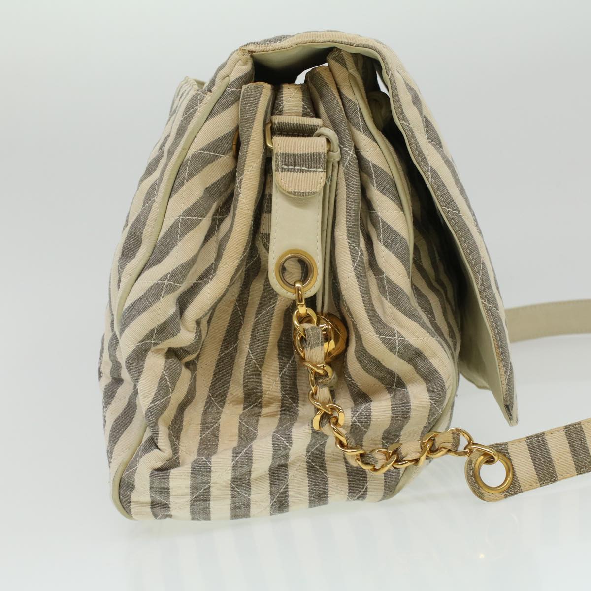 CHANEL Striped Matelasse Chain Shoulder Bag Canvas White Gray CC Auth bs3642
