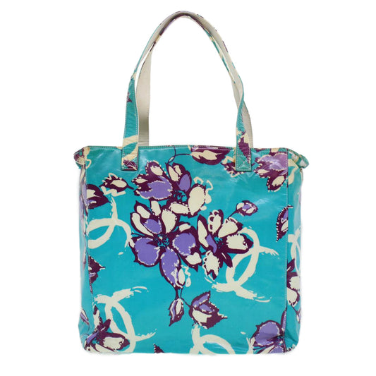 CHANEL Floral Tote Bag Coated Canvas Blue CC Auth bs5894