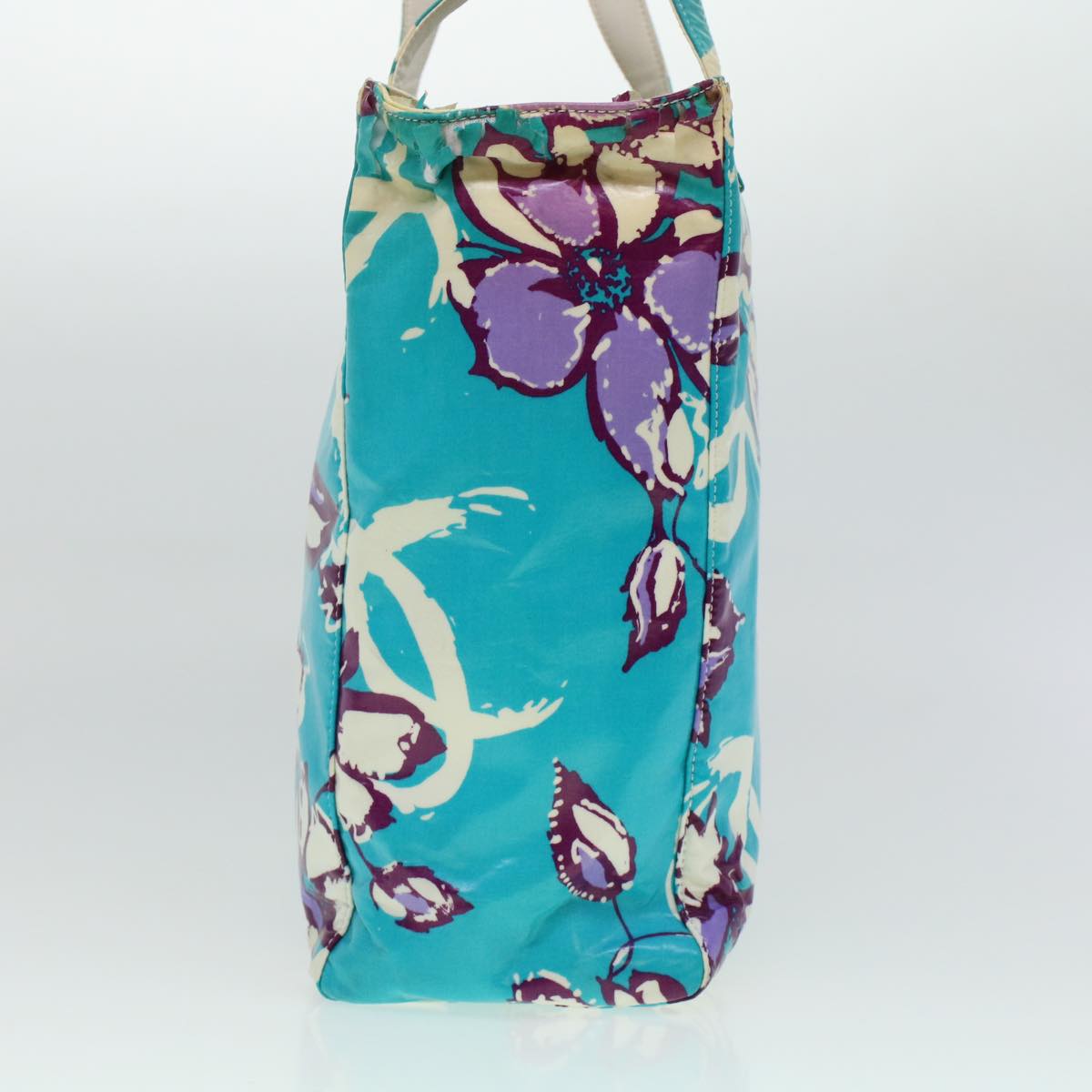 CHANEL Floral Tote Bag Coated Canvas Blue CC Auth bs5894