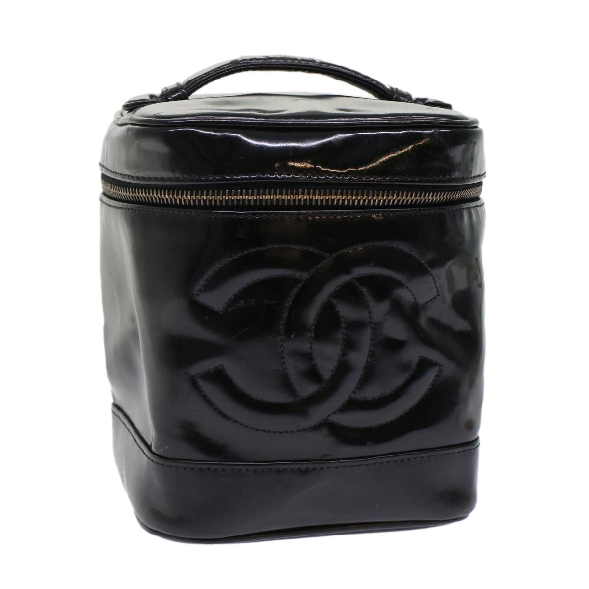 CHANEL Vanity Cosmetic Pouch Patent leather Black CC Auth bs6857