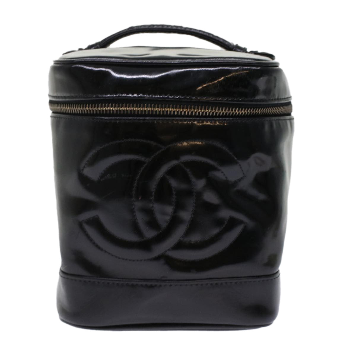 CHANEL Vanity Cosmetic Pouch Patent leather Black CC Auth bs6857