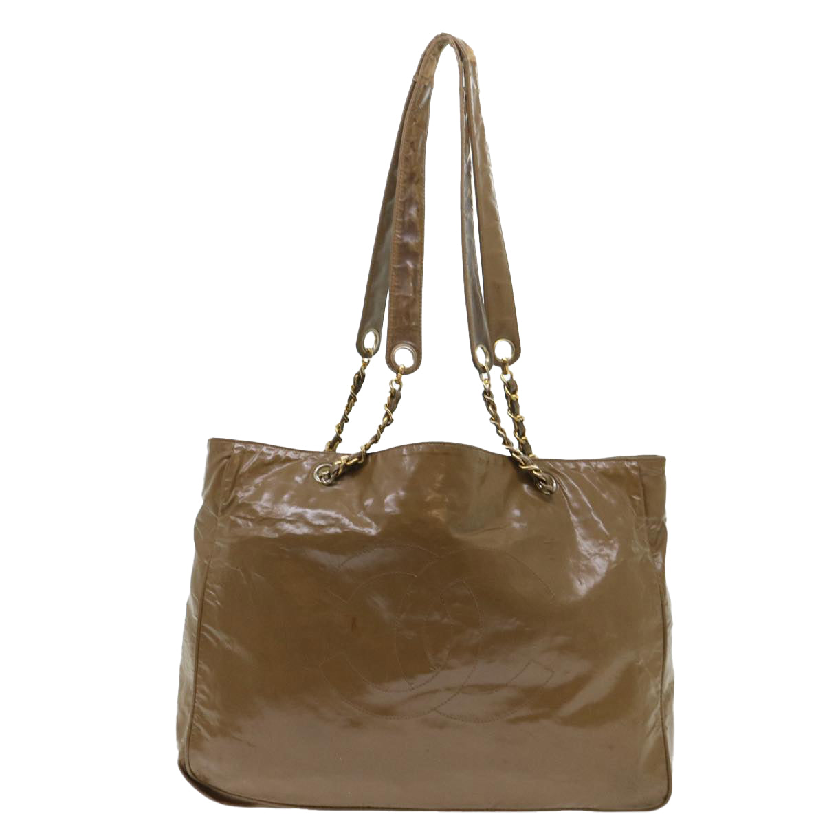 CHANEL Shoulder Bag Patent leather Brown CC Auth bs7959