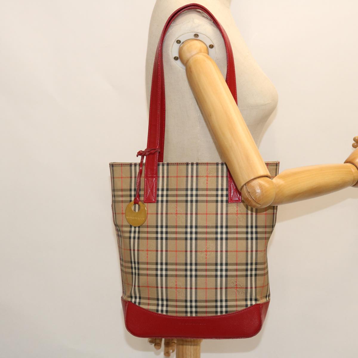 BURBERRY Nova Check Tote Bag Canvas Leather Red Beige black Auth bs8128