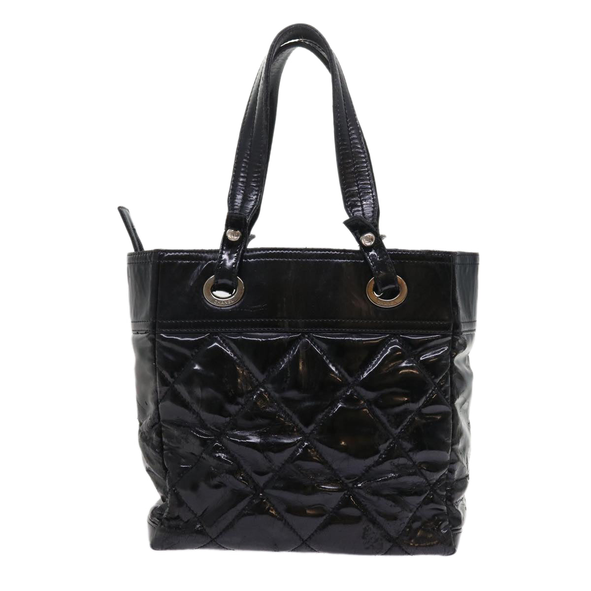 Top Quality Chanel Paris Biarritz Hand Bag Patent leather Black CC Auth bs8268