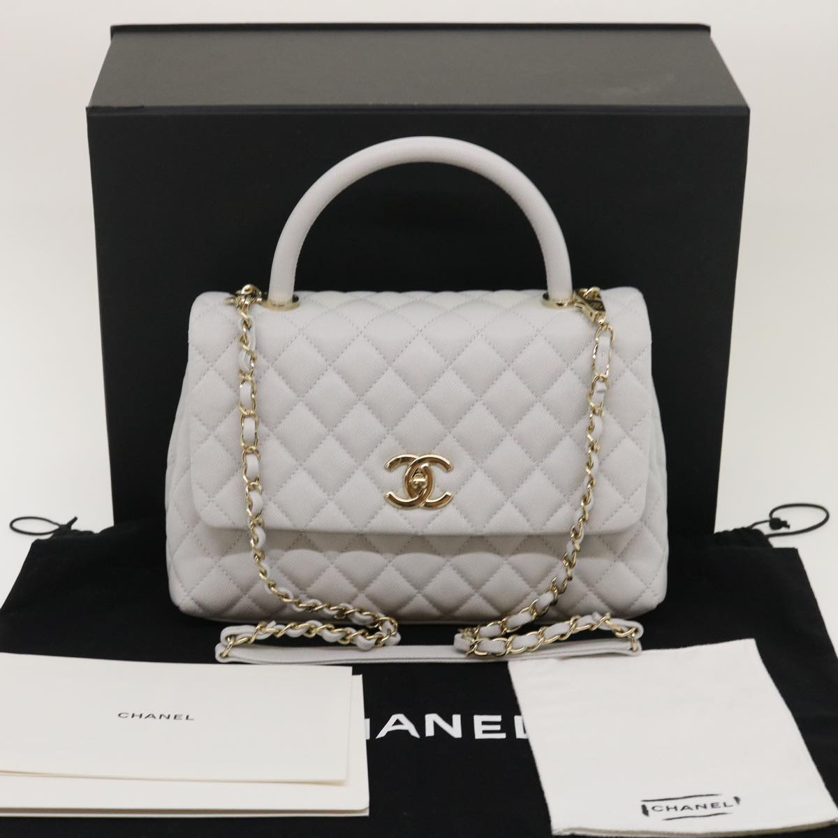 Top Quality Chanel Matelasse Chain Shoulder Hand Bag Caviar Skin 2way White CC Auth bs910A