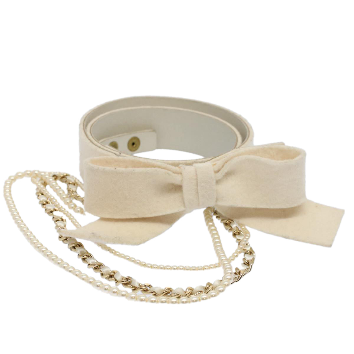 CHANEL Pearl Belt Wool 80/32 37.4" White CC Auth bs9177