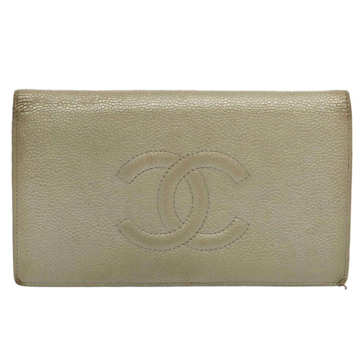 CHANEL Wallet Caviar Skin Silver CC Auth bs9534