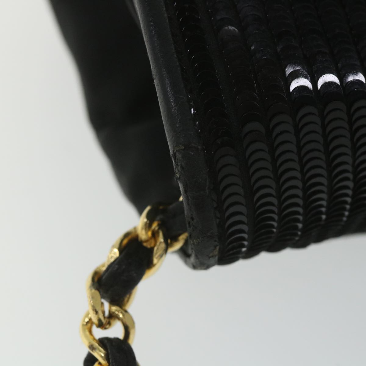 CHANEL Sequin Chain Shoulder Bag Nylon Black CC Auth bs9682