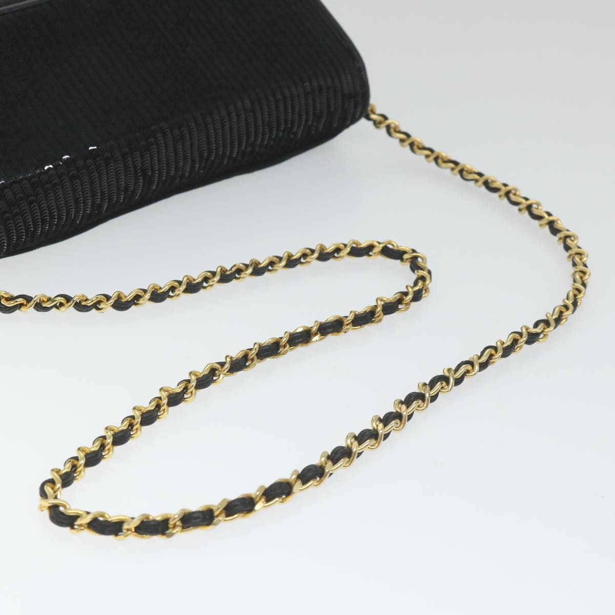 CHANEL Sequin Chain Shoulder Bag Nylon Black CC Auth bs9682