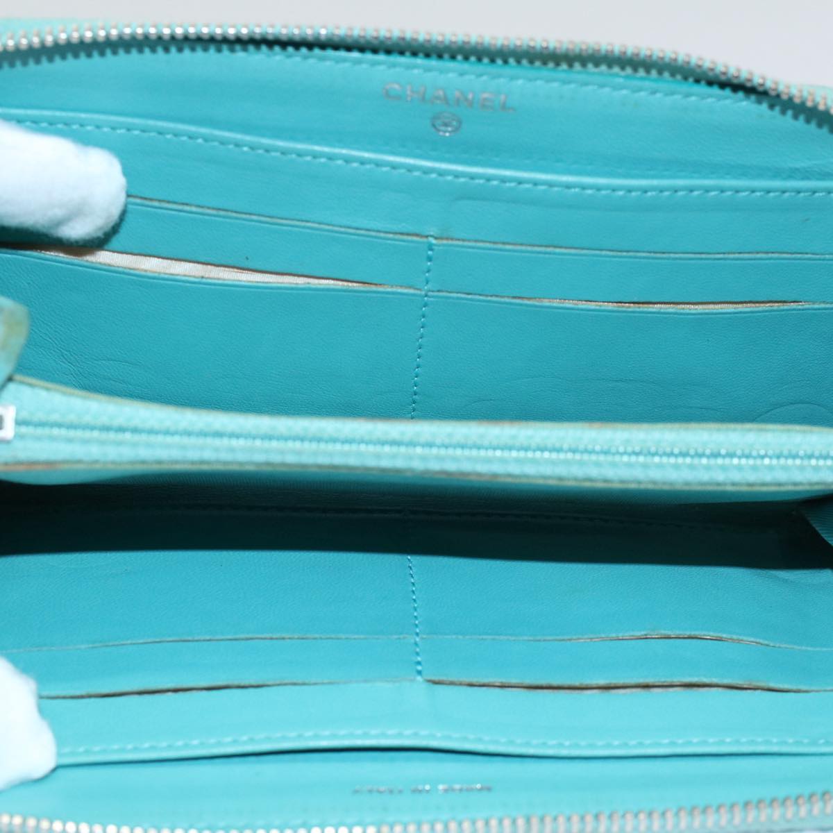 Top Quality Chanel Matelasse Wallet Lamb Skin Turquoise Blue CC Auth bs9740