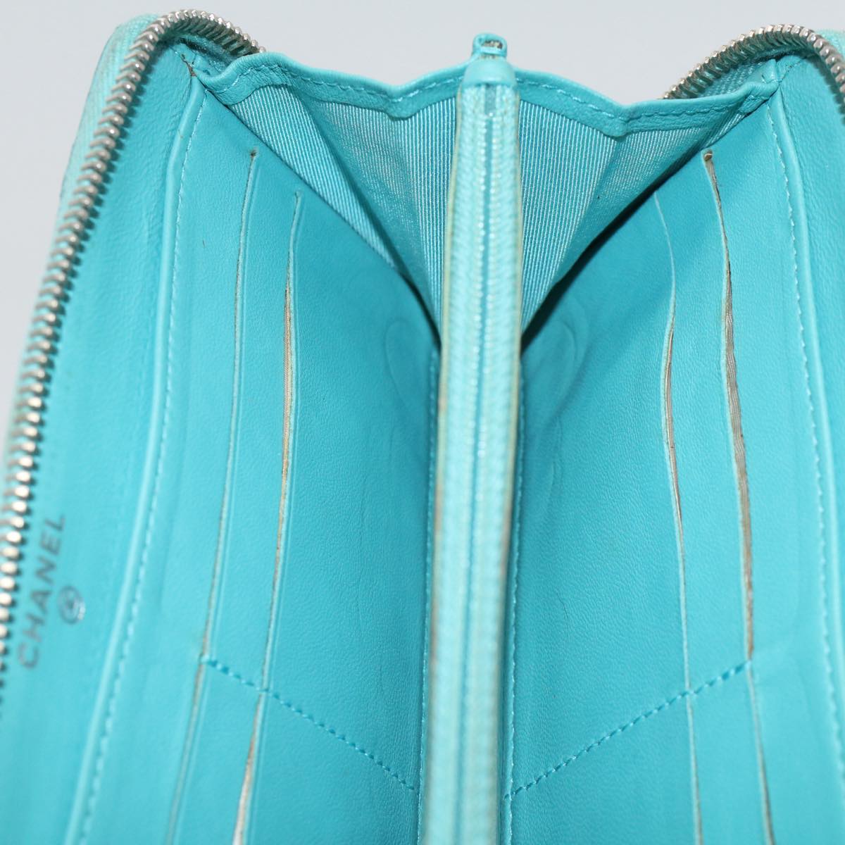 Top Quality Chanel Matelasse Wallet Lamb Skin Turquoise Blue CC Auth bs9740