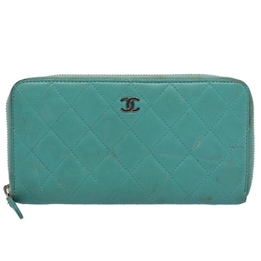 CHANEL Matelasse Wallet Lamb Skin Turquoise Blue CC Auth bs9740