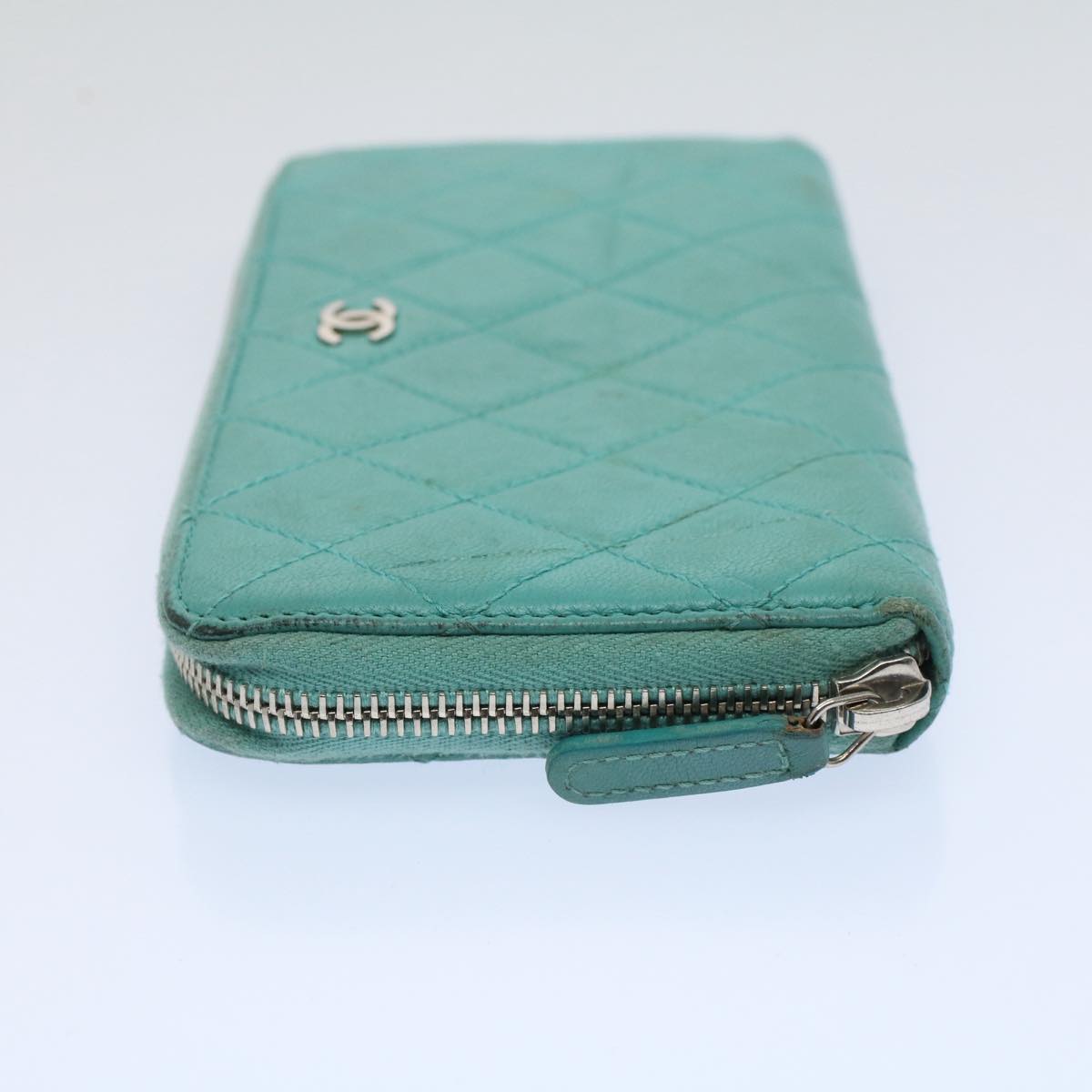 Top Quality Chanel Matelasse Wallet Lamb Skin Turquoise Blue CC Auth bs9740