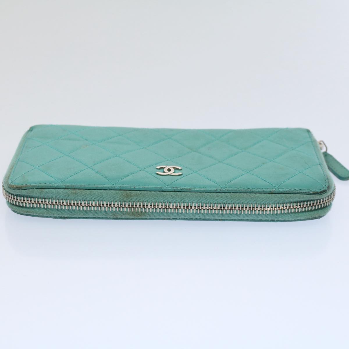Top Quality Chanel Matelasse Wallet Lamb Skin Turquoise Blue CC Auth bs9740