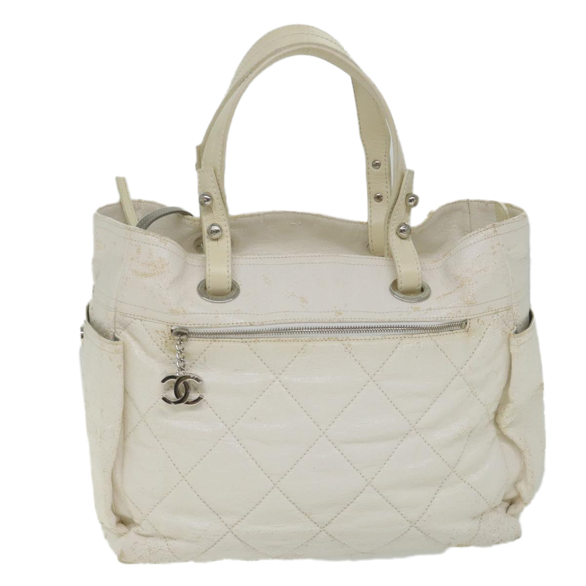 CHANEL Paris Biarritz Tote Bag Coated Canvas White CC Auth bs9935