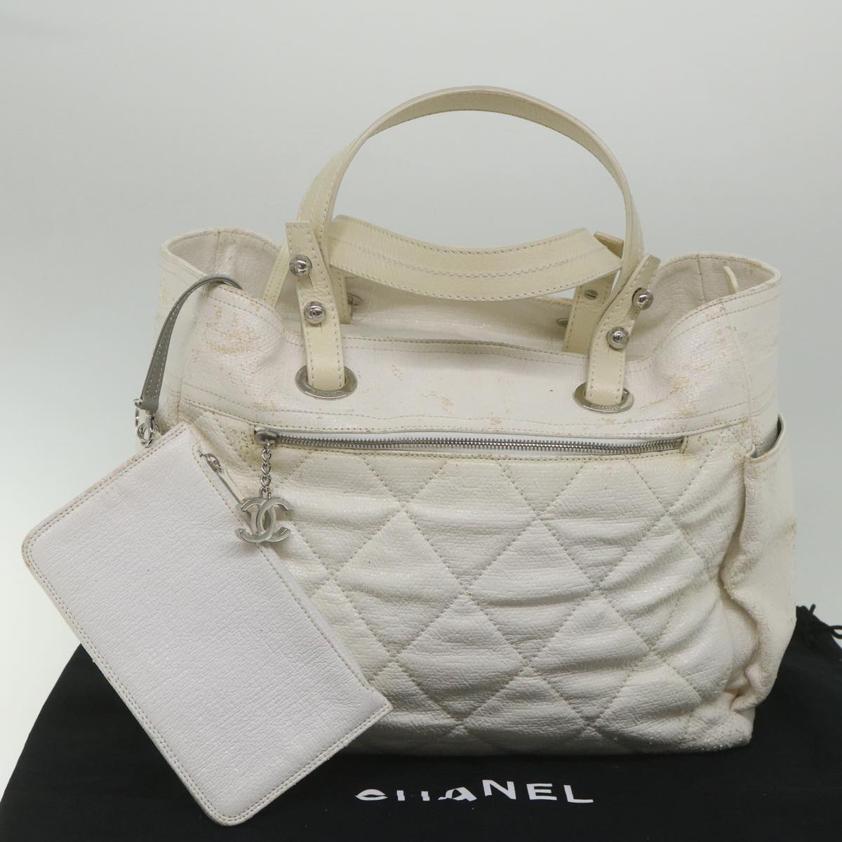 CHANEL Paris Biarritz Tote Bag Coated Canvas White CC Auth bs9935