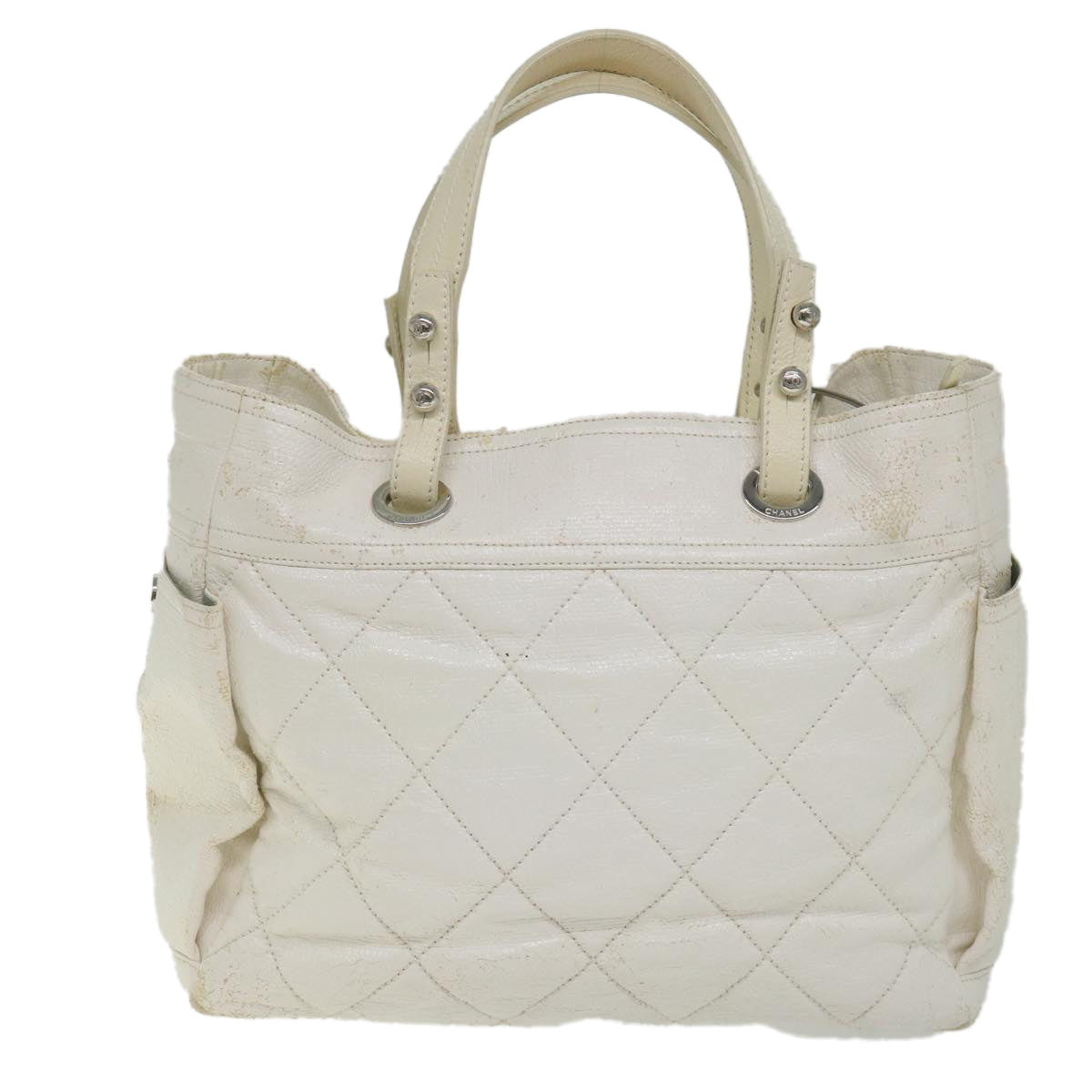 CHANEL Paris Biarritz Tote Bag Coated Canvas White CC Auth bs9935