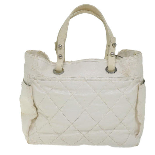 CHANEL Paris Biarritz Tote Bag Coated Canvas White CC Auth bs9935