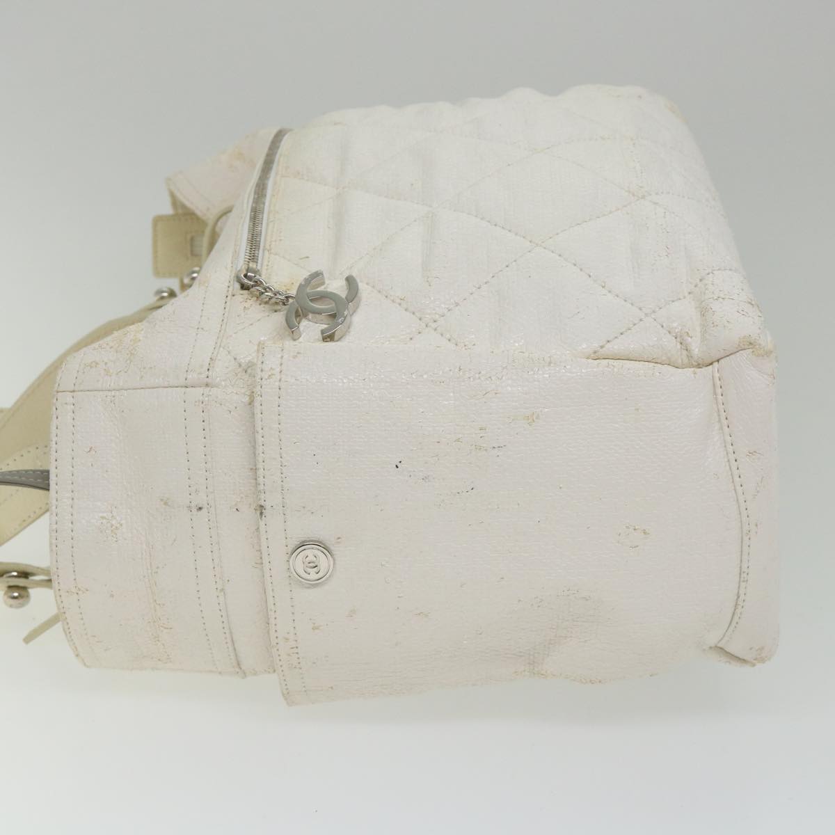 CHANEL Paris Biarritz Tote Bag Coated Canvas White CC Auth bs9935