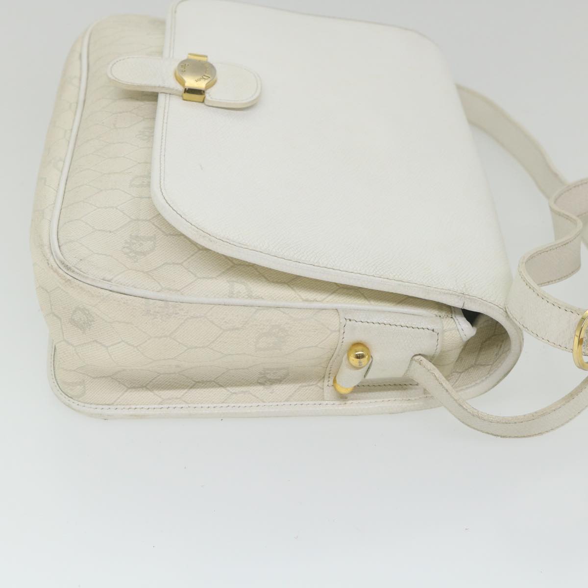 CHRISTIAN DIOR Honeycomb Canvas Shoulder Bag Leather White Auth bs9992