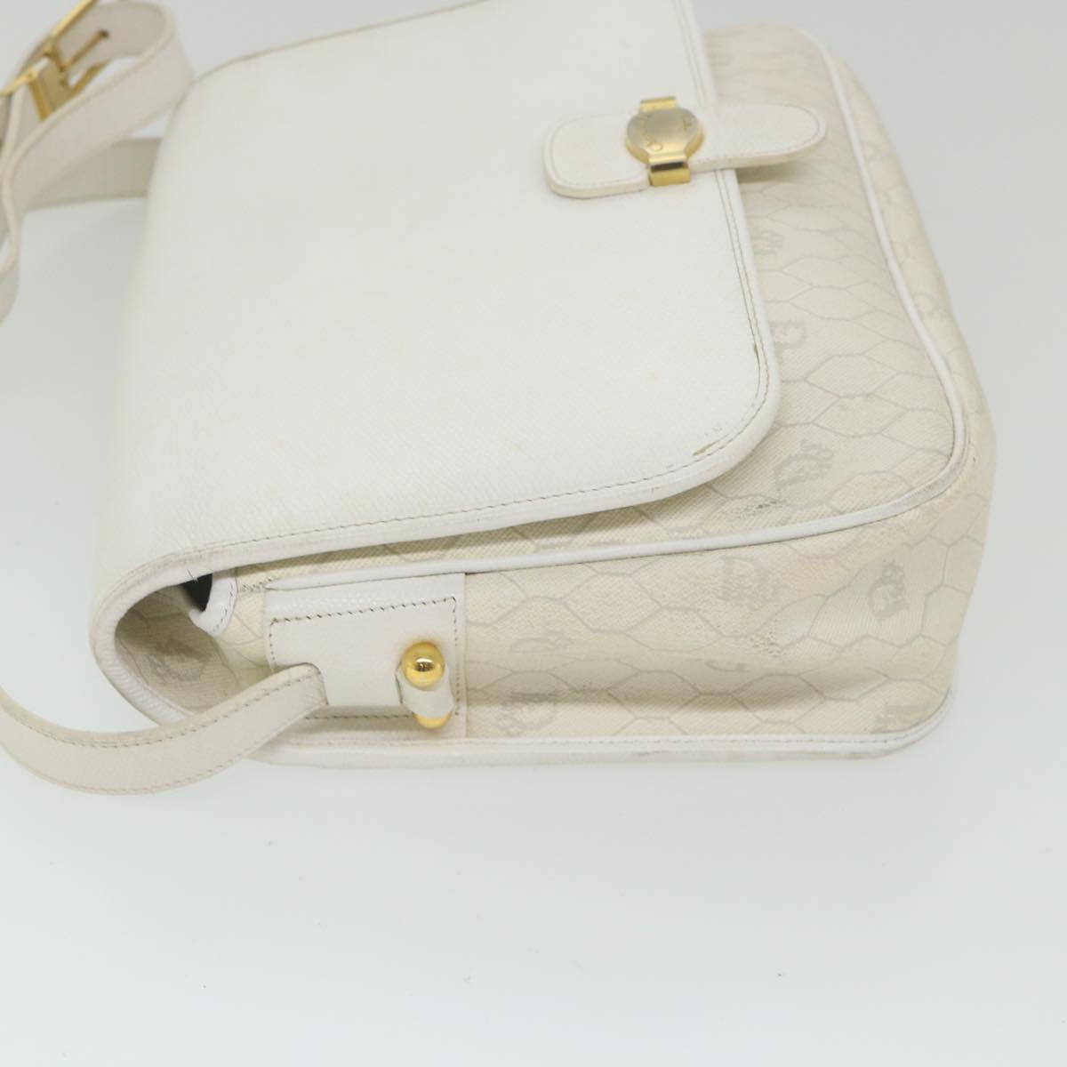 CHRISTIAN DIOR Honeycomb Canvas Shoulder Bag Leather White Auth bs9992