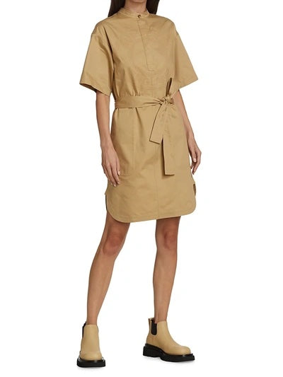 BURBERRY ABBIE SMOKE STITCH COTTON TWILL DRESS WITH GRAPHIC LOGO