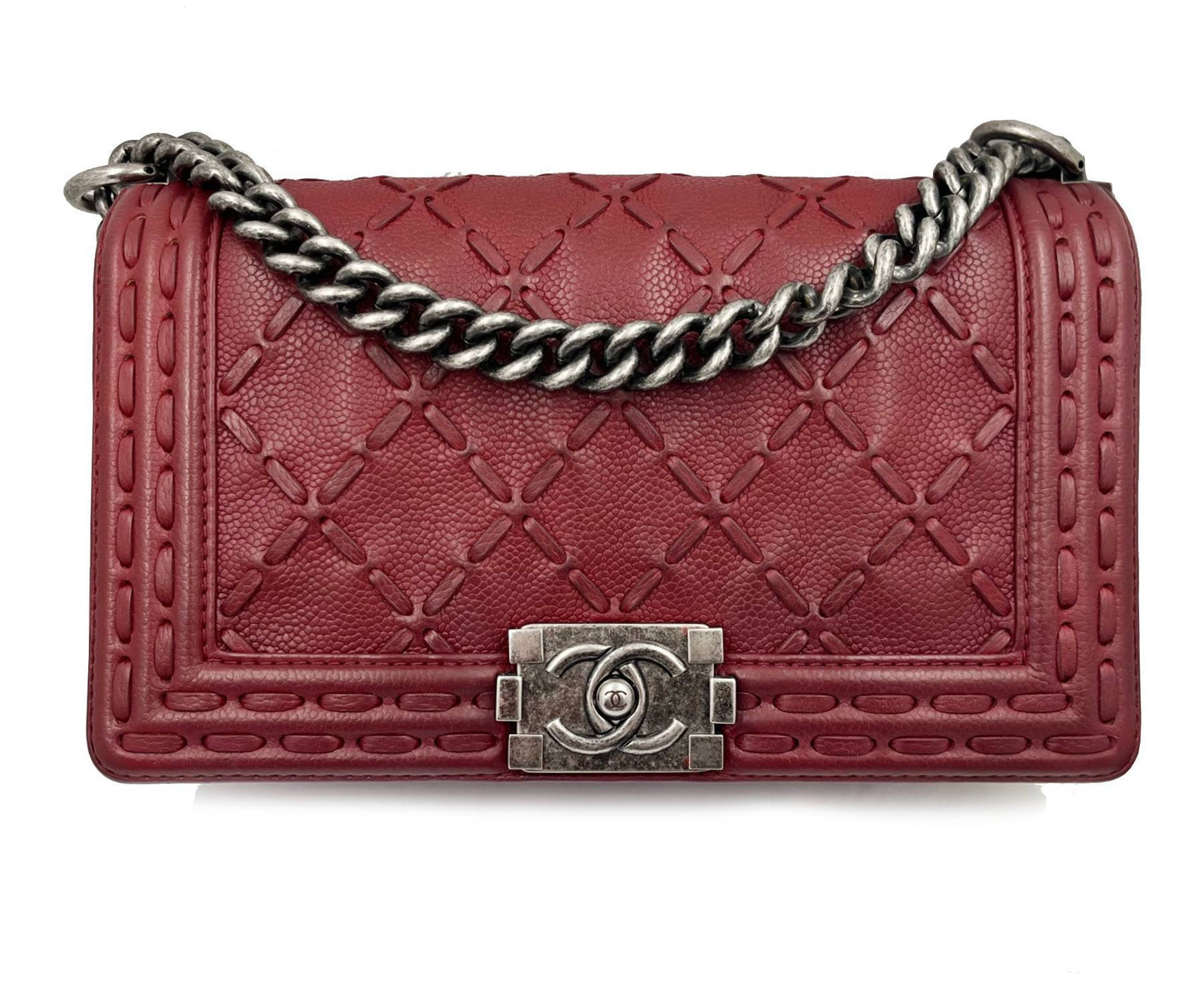 CHANEL Dark Burgundy Dallas Stitch Medium Boy Bag