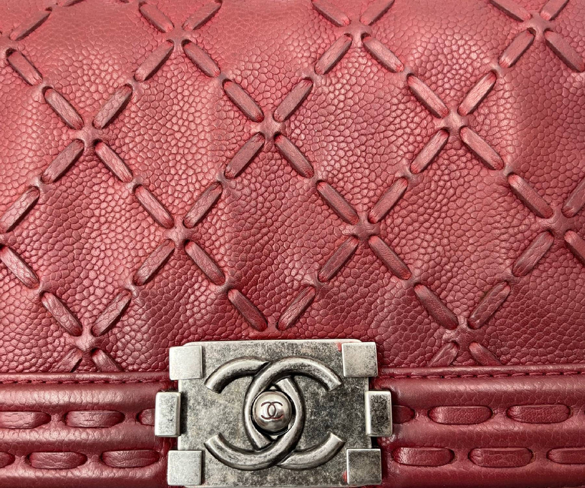Top Quality Chanel Dark Burgundy Dallas Stitch Medium Boy Bag