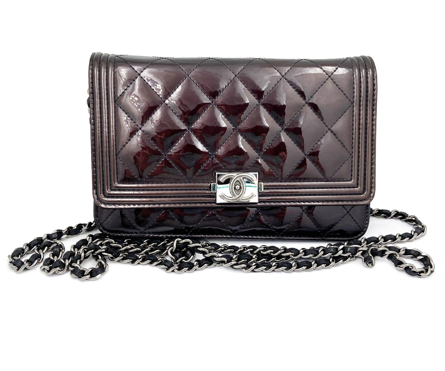 CHANEL Burgundy Patent Leather Boy Wallet on Chain WOC Crossbody Bag