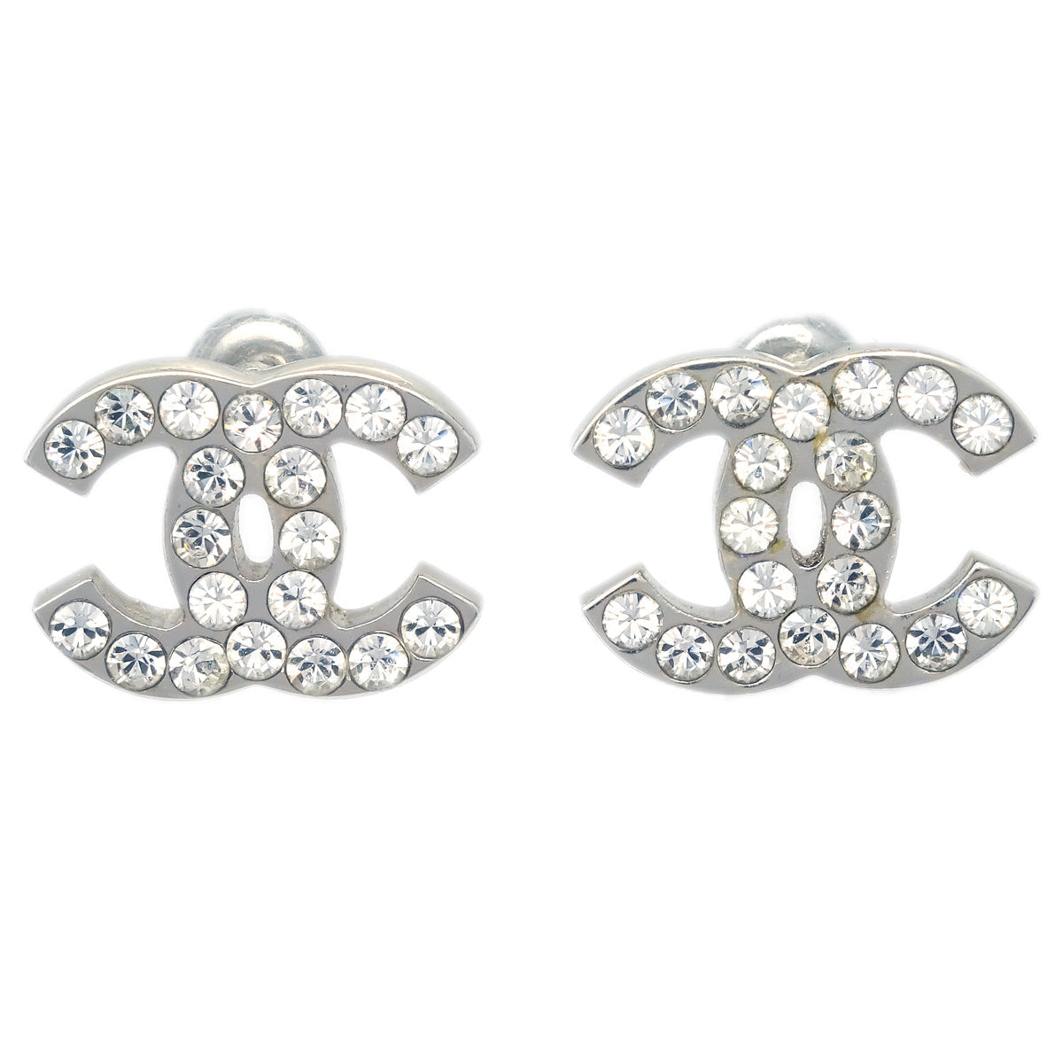 Chanel CC Rhinestone Piercing Earrings Silver 05V