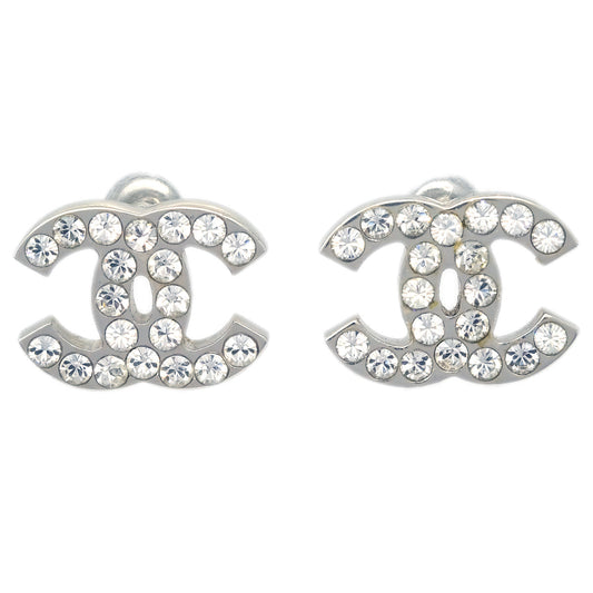 Chanel CC Rhinestone Piercing Earrings Silver 05V