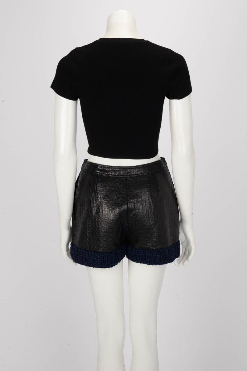 Chanel Black & Blue Leather Embossed Tweed Shorts FR 38