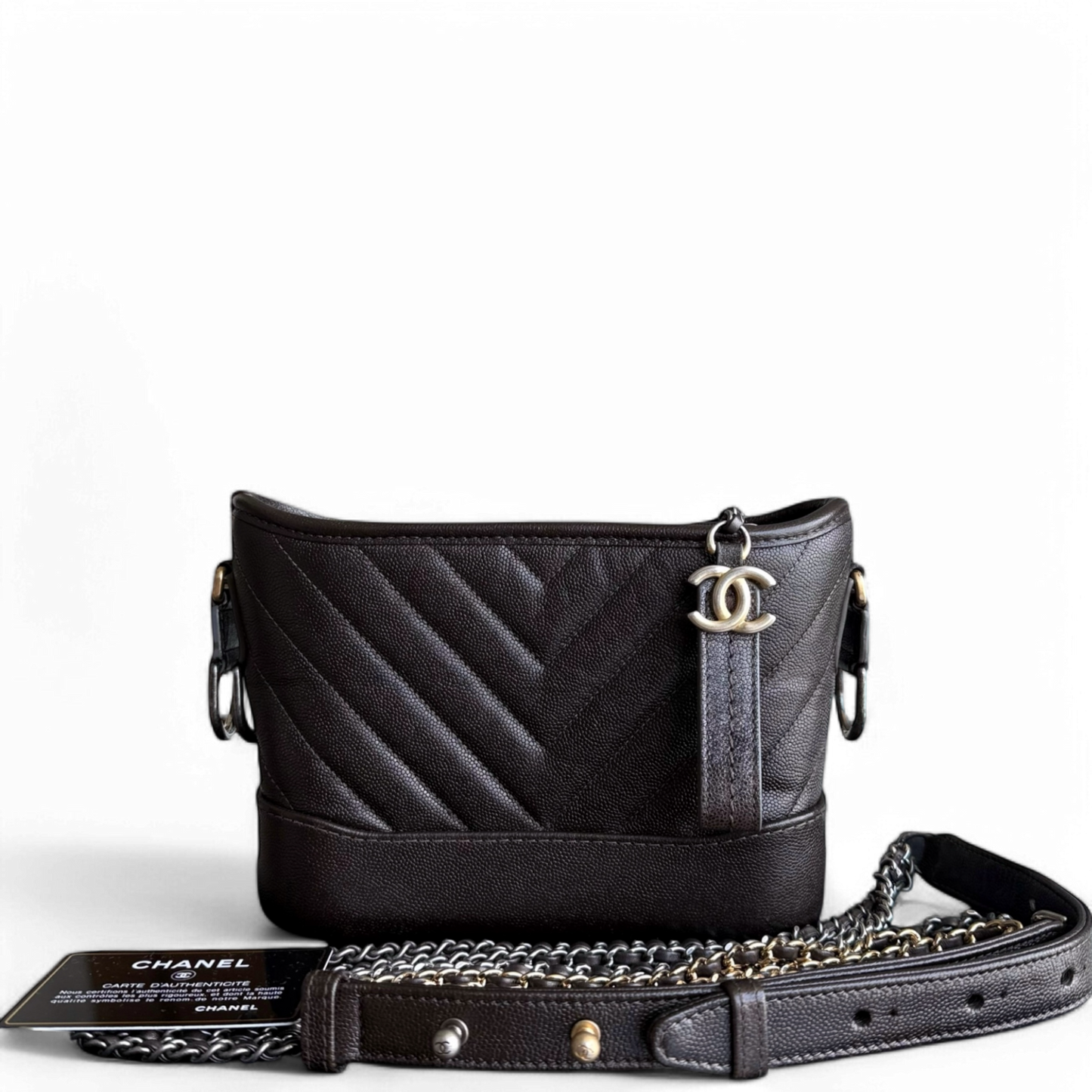 Chanel Gabrielle Small - Caviar Chevron Dark Brown Two-tone Gold Hardware Series 26