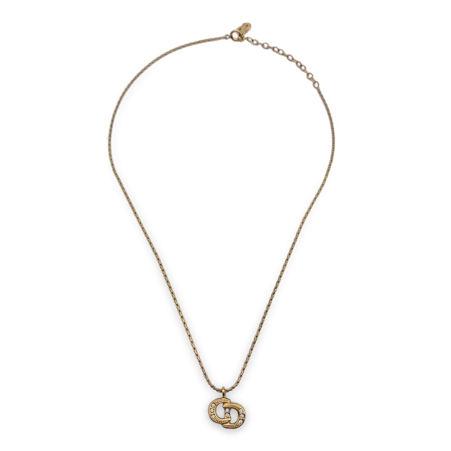 CHRISTIAN DIOR Vintage Gold Metal Crystal Cd Pendant Chain Necklace