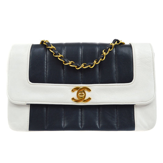 Chanel 1991-1994 Navy White Lambskin Vertical Border Flap Small