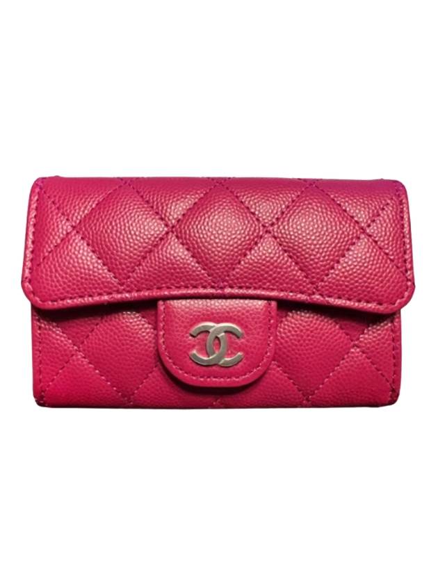 Classic Grained Shiny Calfskin Card Wallet  Dark Pink Chanel