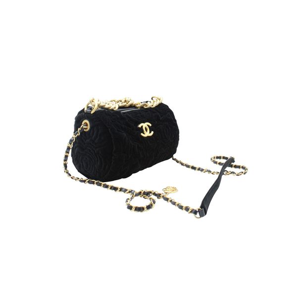 CHANEL Two-Way Chain Camellia Shoulder Bag in Black Velvet