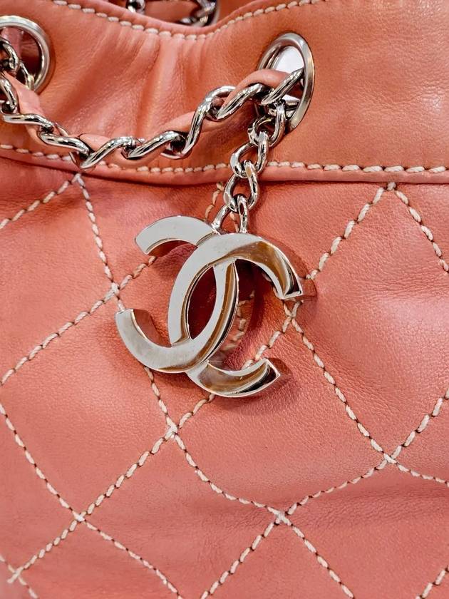 Drawstring lambskin coral silver bucket bag 10th L85469 Chanel