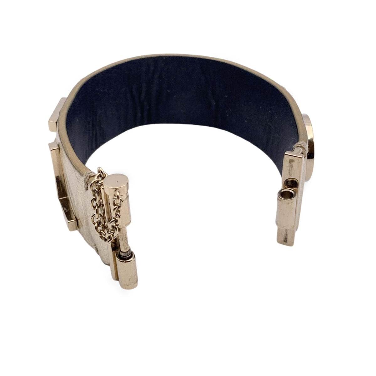 Top Quality Chanel Gold Metal Leather Logo Lettering Cuff Bracelet Size M