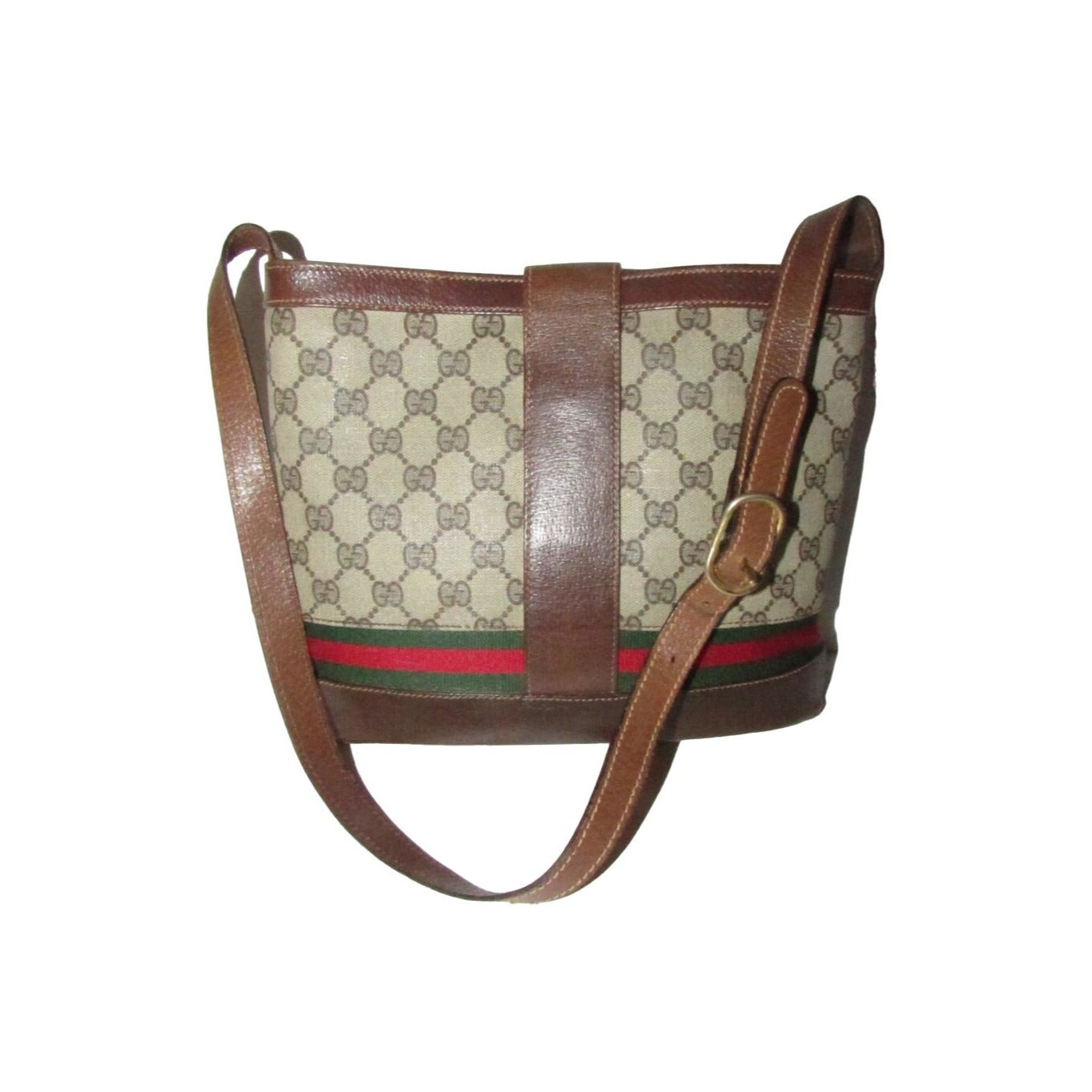 RARE, Gucci, brown Guccissima print canvas & leather, bucket bag with an XL bold gold 'GG' & red & green stripe