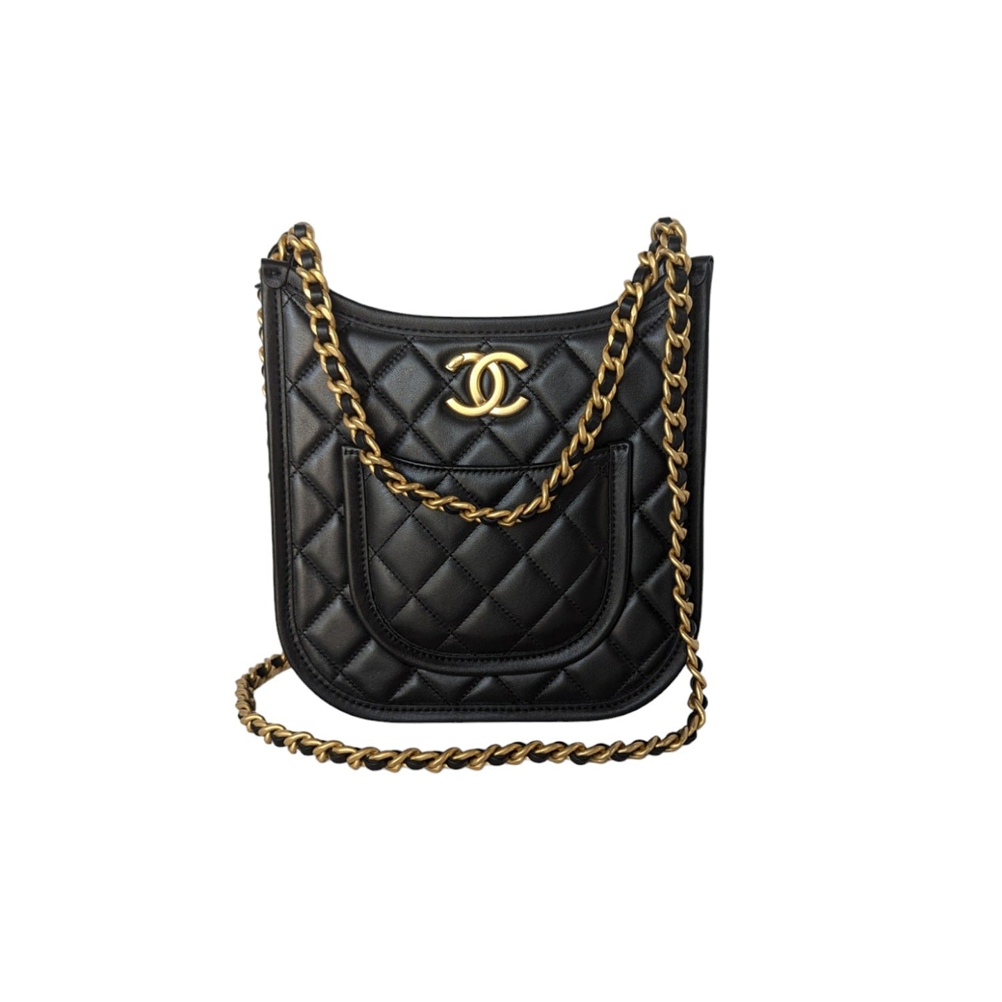 Chanel 2024 Black Calfskin Quilted CC Crossbody Hobo Handbag