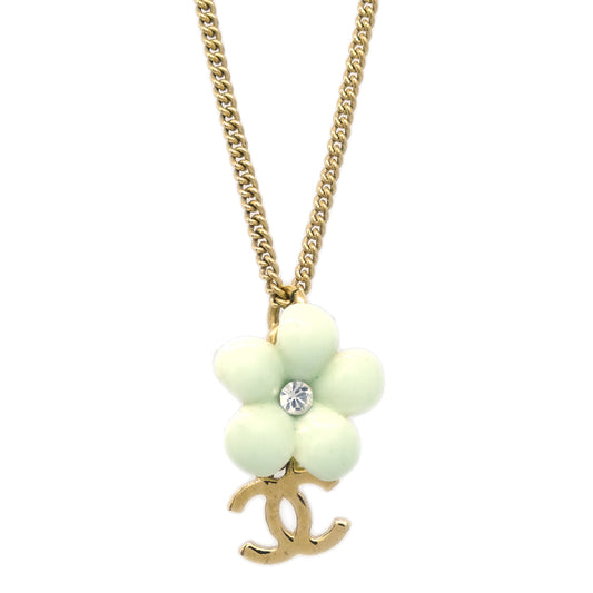 Chanel Flower Pendant Necklace Rhinestone Gold 05A