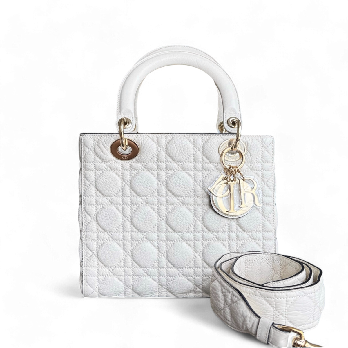 Dior Lady Flap Medium - Cannage Grained Calfskin Cream White Gold Hardware