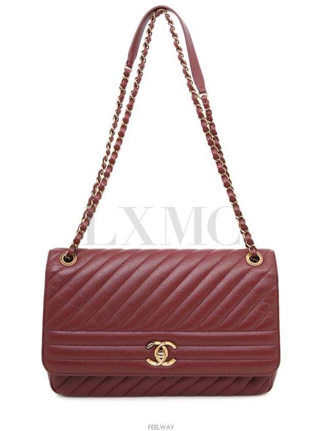 Diagonal Chevron Quilted Chain Flap Shoulder Bag Red Gold Chanel