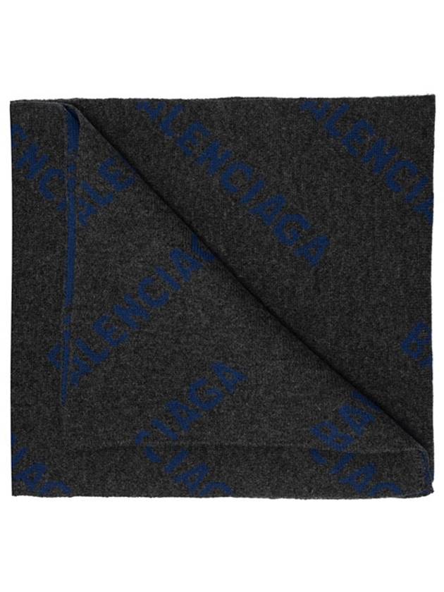 Luxury Balenciaga  All Over Logo Wool Muffler Blue Dark Grey