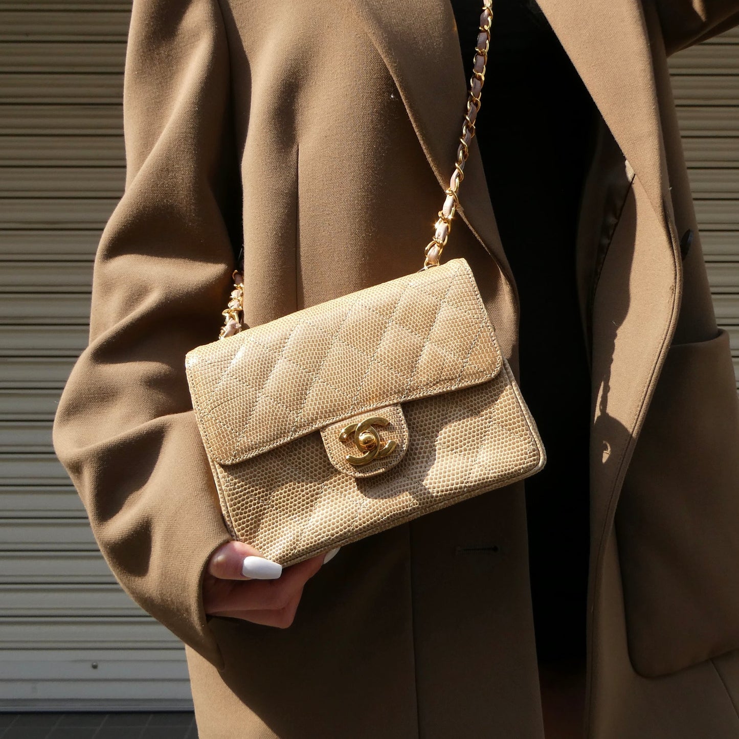 CHANEL * 1991-1994 Classic Square Flap Mini Beige Lizard