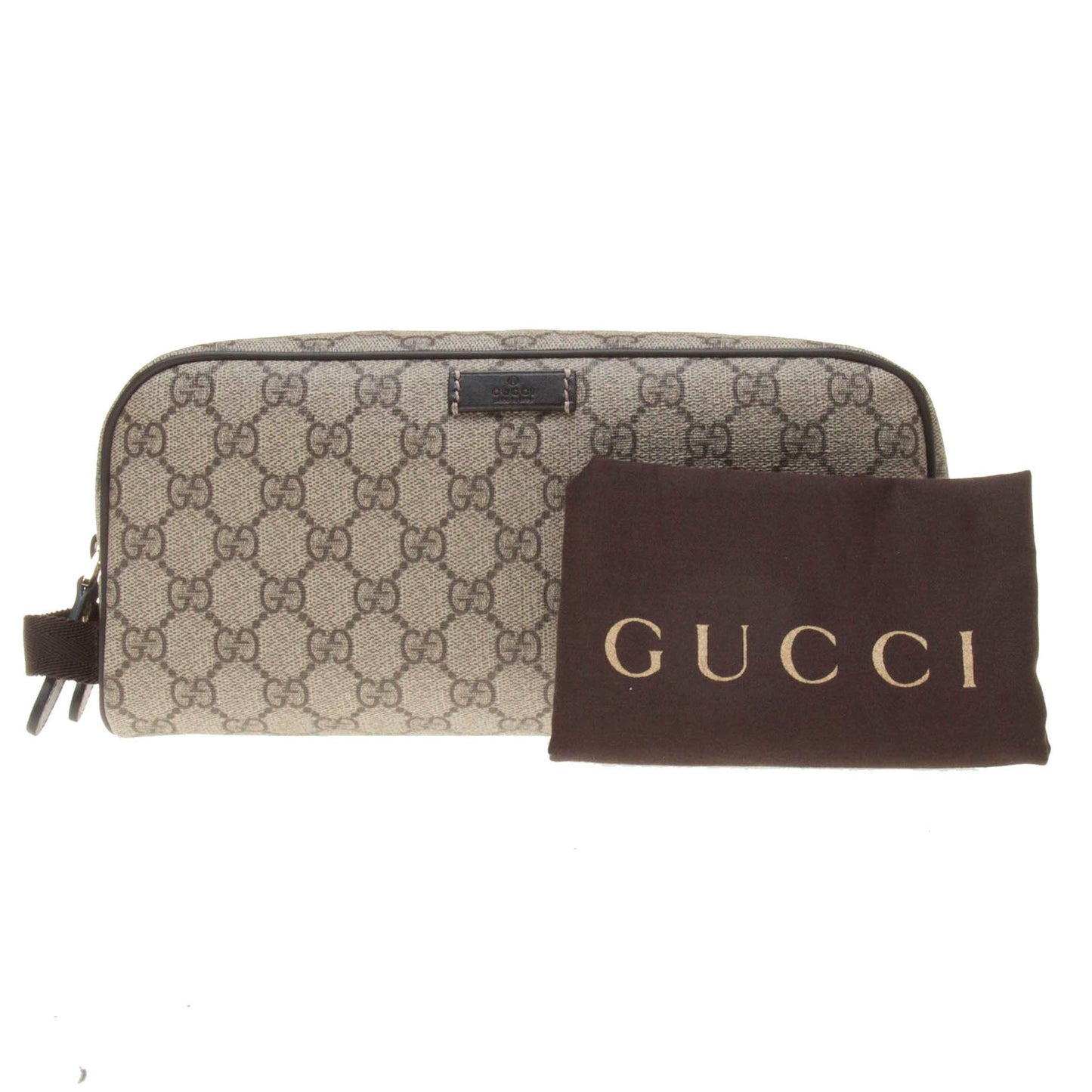 Gucci 211125 Beige/Ebony GG Supreme Canvas with Brown Leather Trim Toiletry Case
