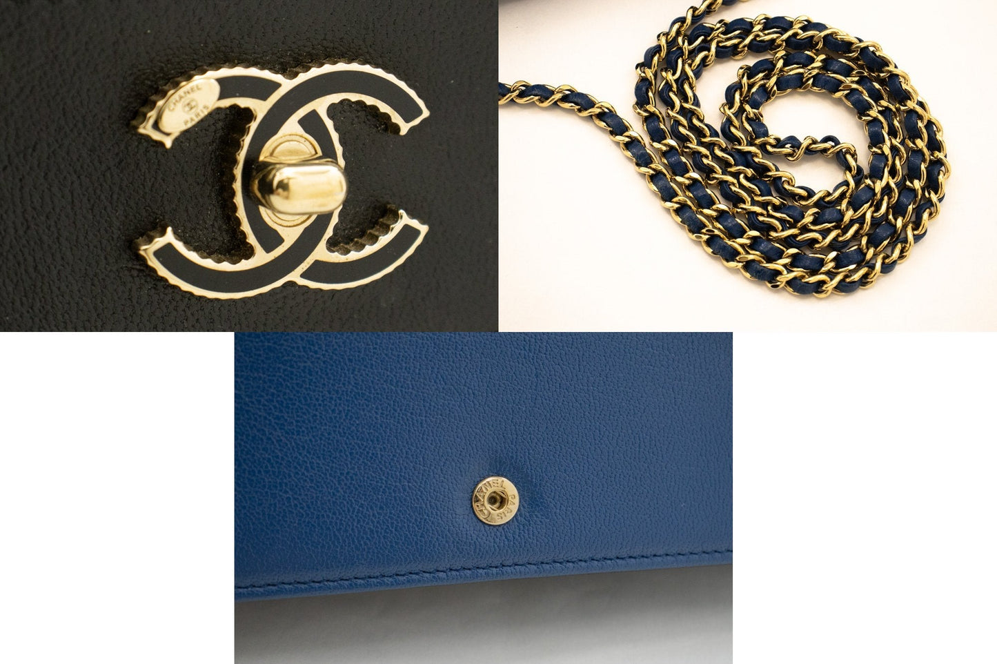 CHANEL Black Blue Wallet On Chain WOC Shoulder Bag Crossbody Gold